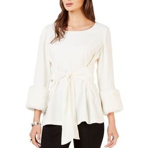 Alfani Faux Fur Cuff Waist Tie Blouse